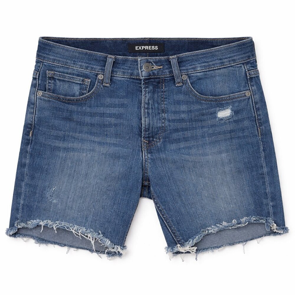 Express Denim Perfect Bermuda Shorts Size 6 – High Rise Distressed Raw Hem